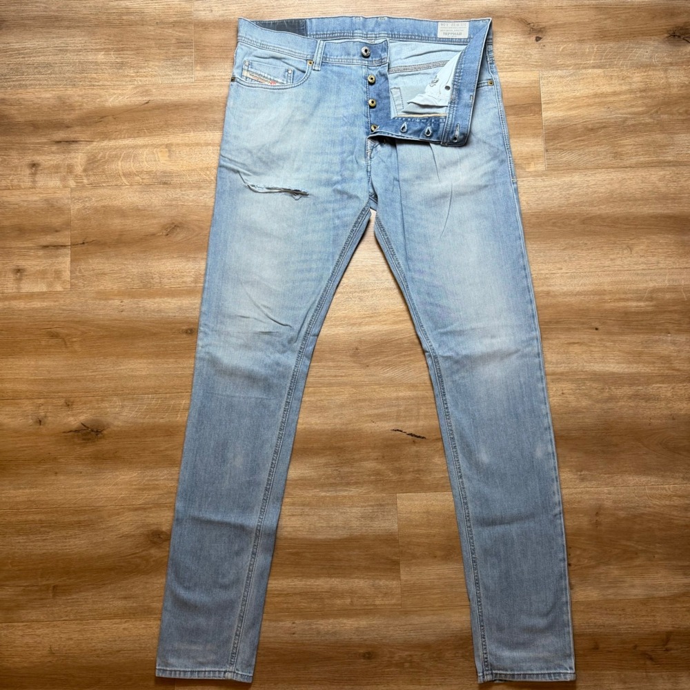Diesel Tepphar Jeans Mens 32x34 Light Blue Slim Carrot Stretch Distressed 0842H